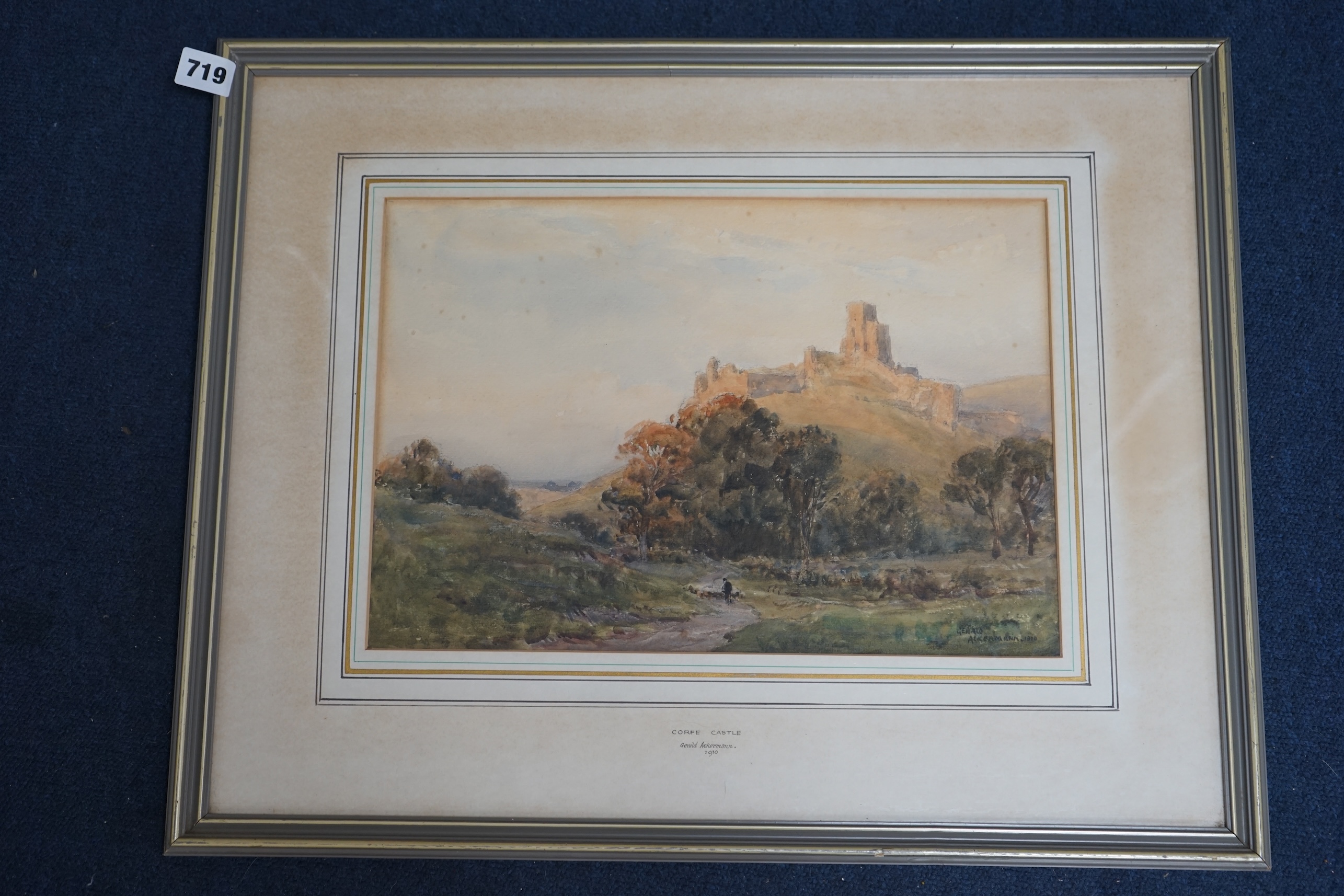 Gerald Ackermann (1876-1960), watercolour, ‘Corfe Castle’, signed and dated 1910, 25 x 36cm. Condition - poor to fair